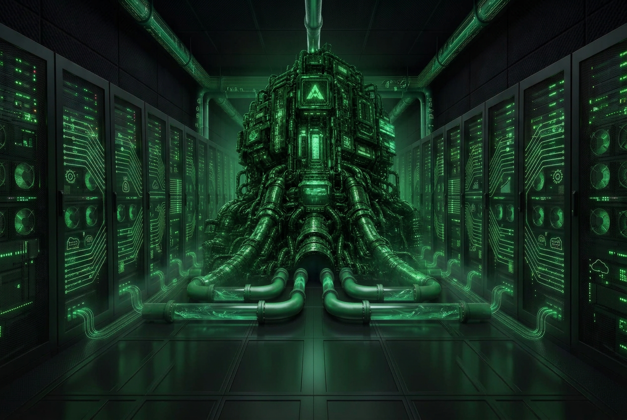 A towering water-cooled machine at the centre of a green-lit server hall