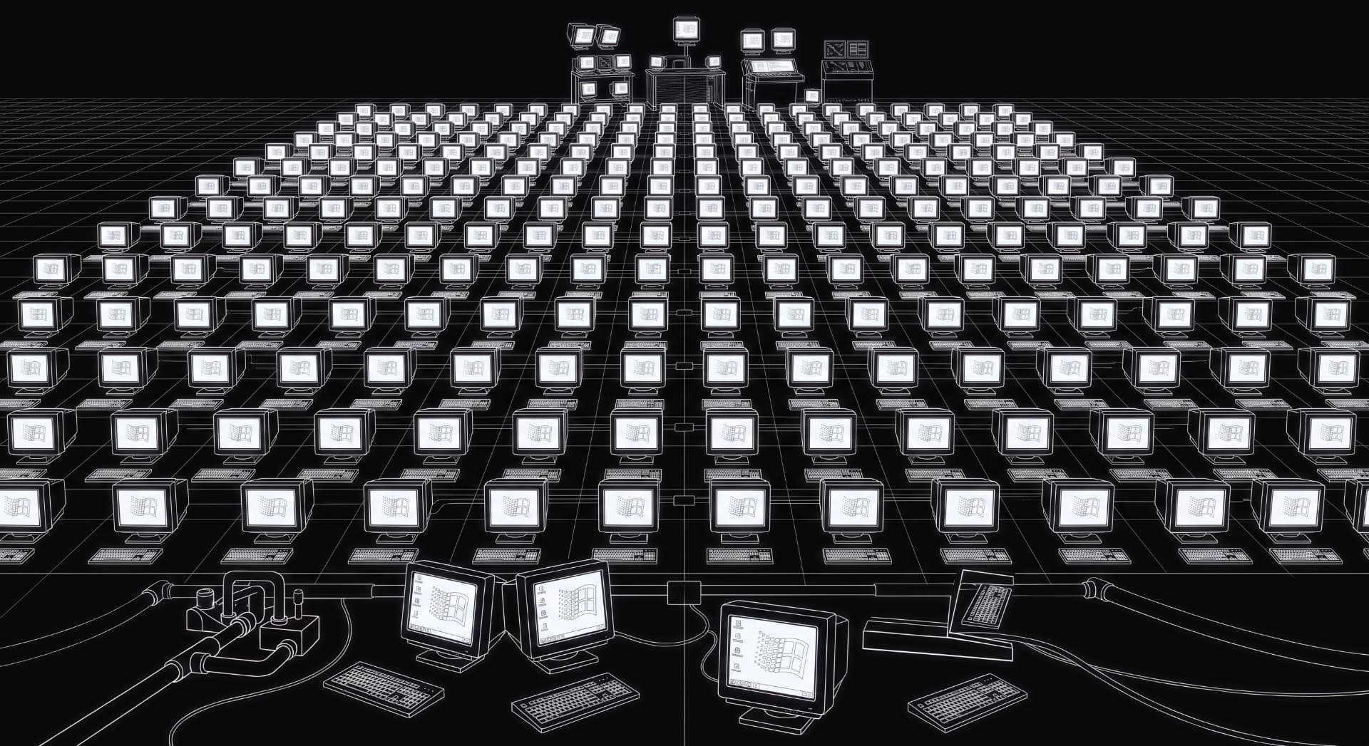 An endless grid of desktop computers receding into darkness