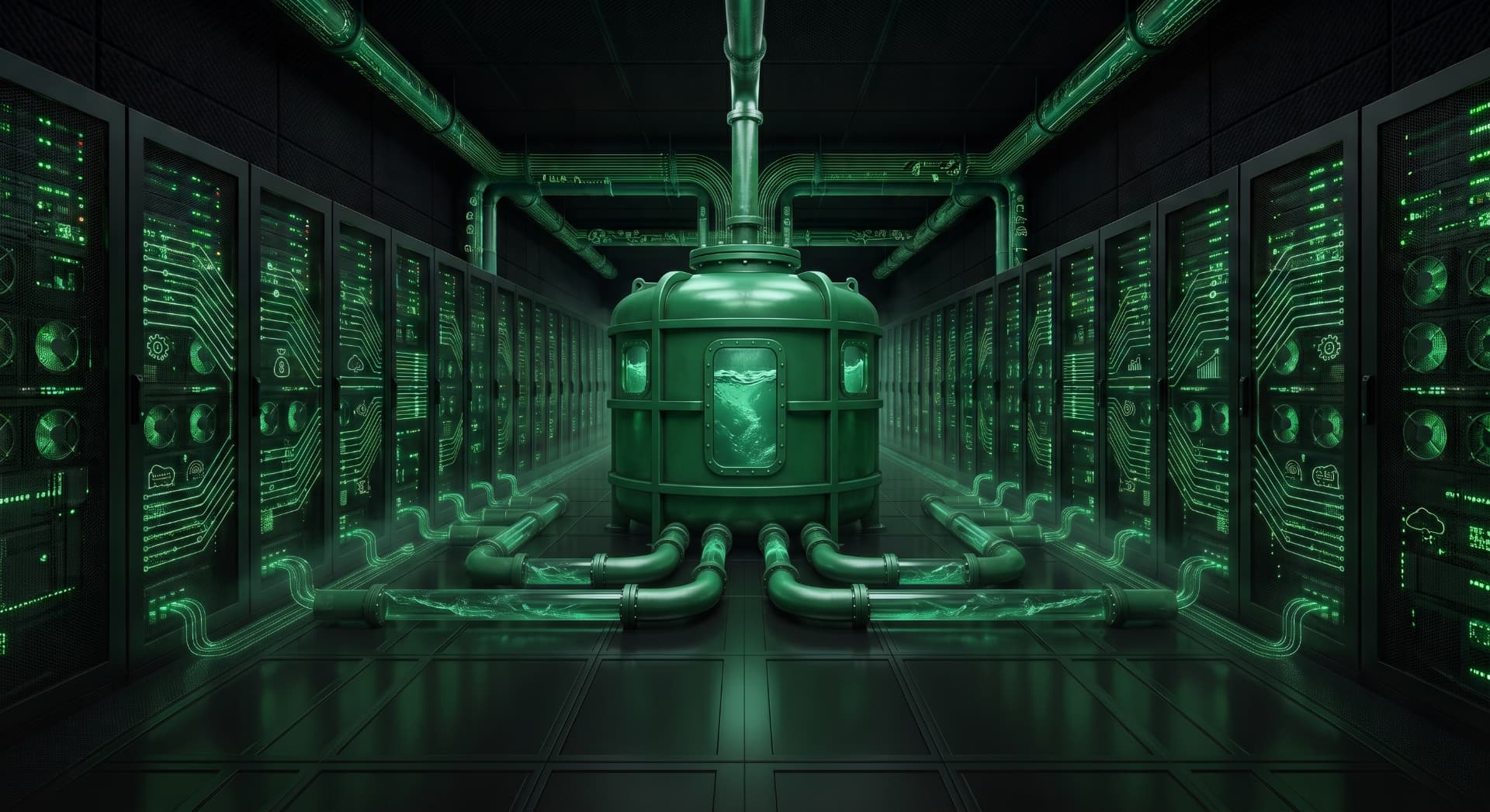 A green-lit data centre cooled by a central water vessel