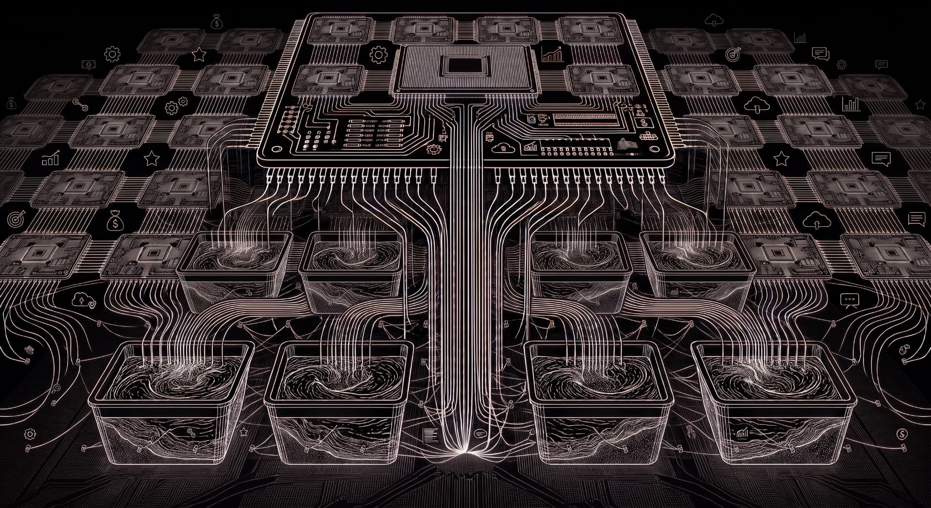 Line-drawn processors feeding into basins of churning data