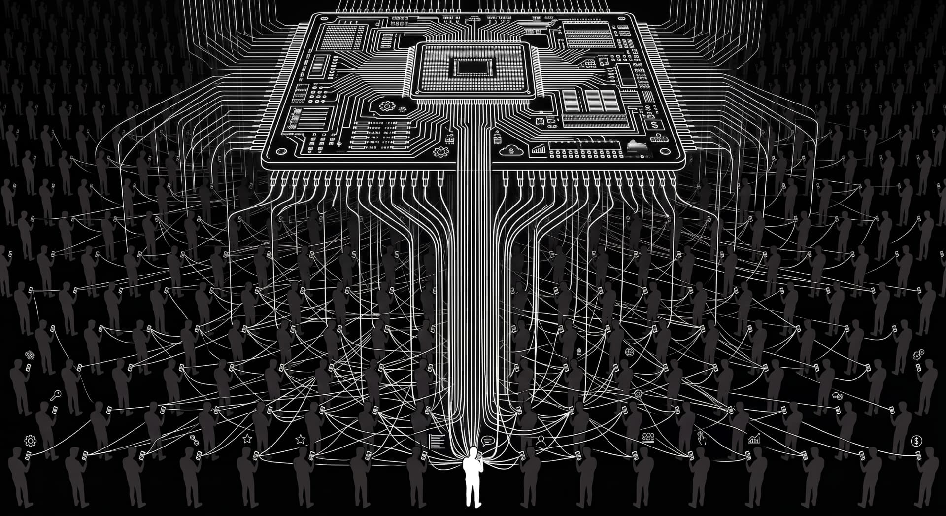 A vast circuit board suspended above a crowd of connected figures