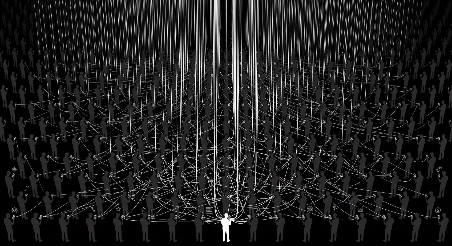 A crowd of silhouettes tethered by threads of light to their phones