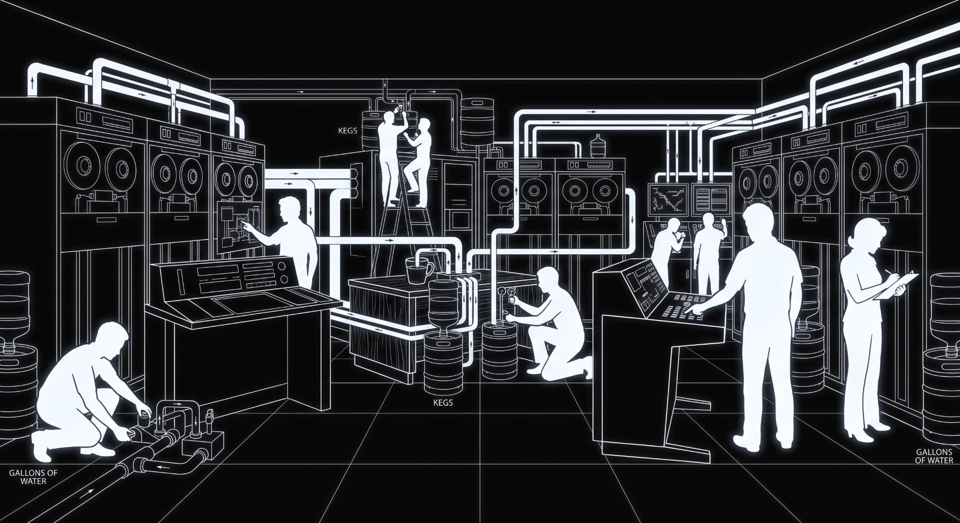 A crowded machine room of operators, pipes and kegs of water