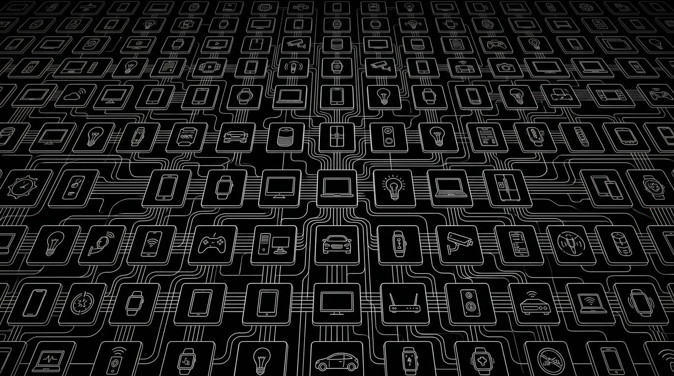 A grid of connected smart devices sending white data lines in every direction